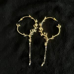 Vintage Large Gold-Tone Floral Filigree-Rhinestones & Bead Hoop Earrings